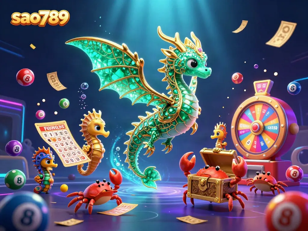 Engage with thrilling games at sao789, featuring a majestic sea dragon, sparkling lottery elements, and dynamic scenes.