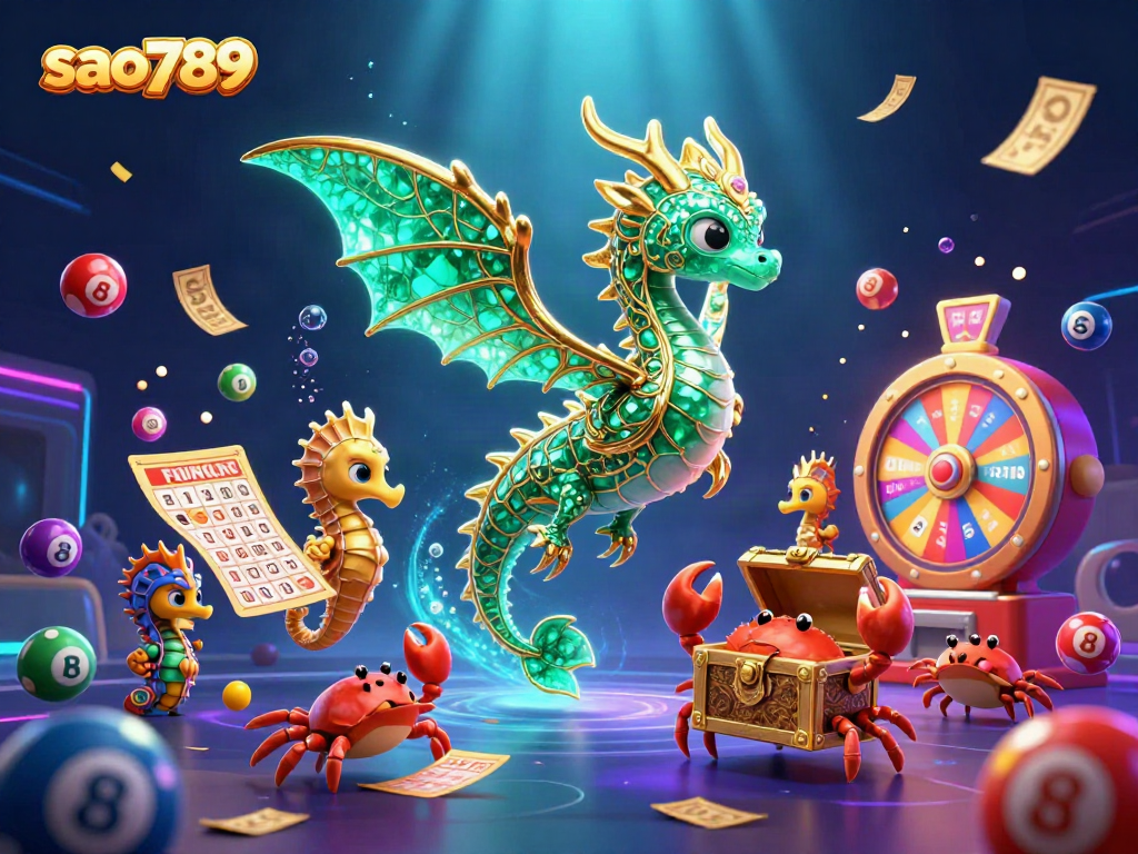 Engage with thrilling games at sao789, featuring a majestic sea dragon, sparkling lottery elements, and dynamic scenes.