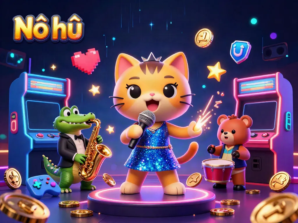 Nổ hũ gameplay with 3D cartoon characters and vibrant game elements in a casino scene.