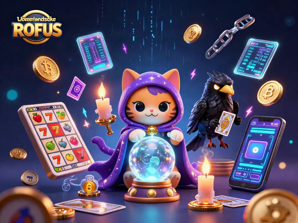 Engage in udenlandske casinoer uden ROFUS with a vibrant illustration featuring a mystic cat and a tarot raven.
