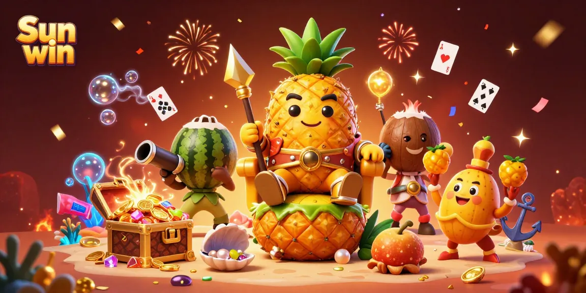 Experience thrilling gameplay at Sun win with a vibrant 3D casino scene featuring a golden pineapple king and dynamic game elements.