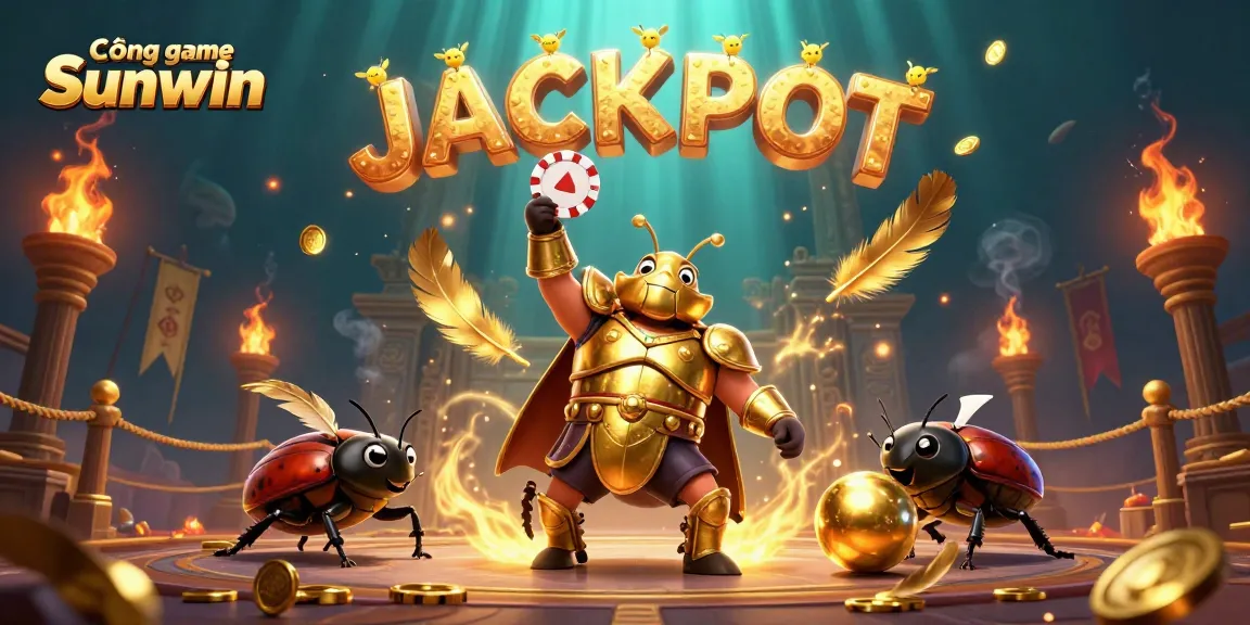 Cổng game Sunwin: Hercules beetle triumphantly lifting a poker chip amidst a vibrant gambling scene.
