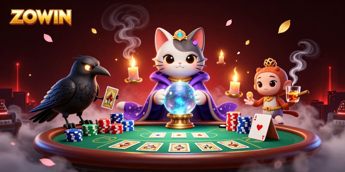 Engage in thrilling casino games with ZOWIN, spotlighting colorful chips and animated mystical characters.