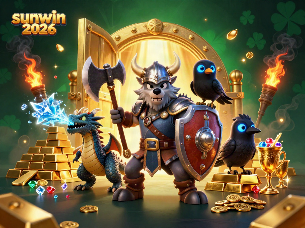 Engage in thrilling gameplay at sunwin 2026 with eye-catching Viking warrior and fierce dragon amidst sparkling treasures.