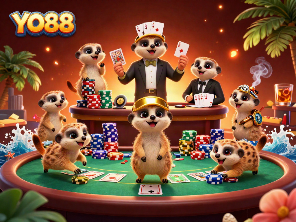 Engaging YO88 casino scene with meerkats managing poker games amidst vibrant chips and cards.