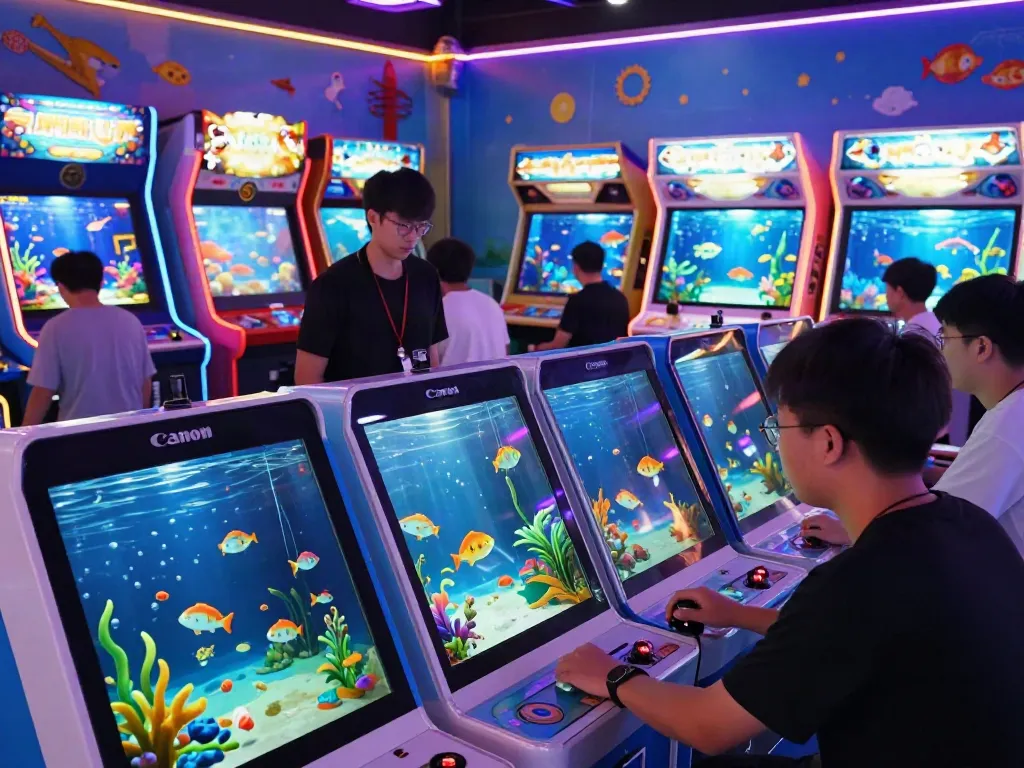 Exciting scene of players engaged in lại là Bắn cá đổi thưởng game in a modern arcade, illuminated with vibrant lights.
