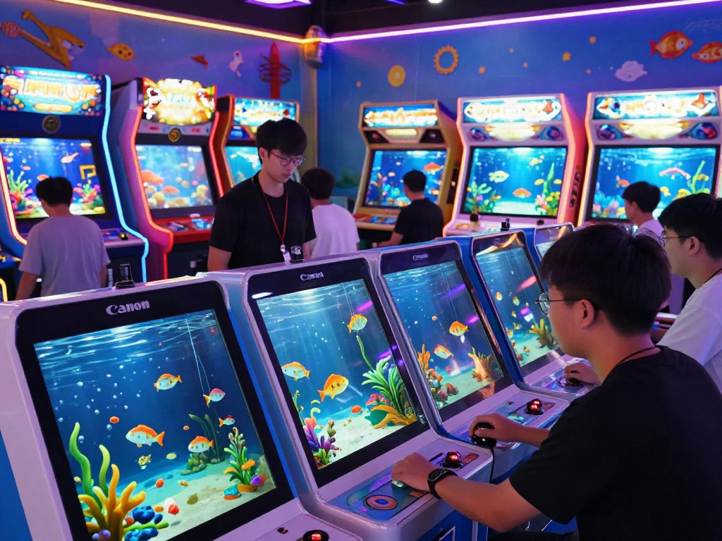 Exciting scene of players engaged in lại là Bắn cá đổi thưởng game in a modern arcade, illuminated with vibrant lights.