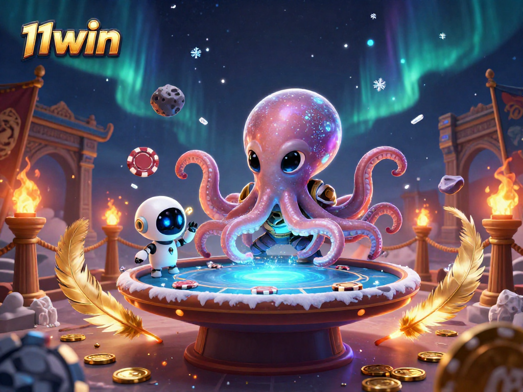 Engage with vibrant 11win casino action featuring a playful alien octopus at a holographic poker table.