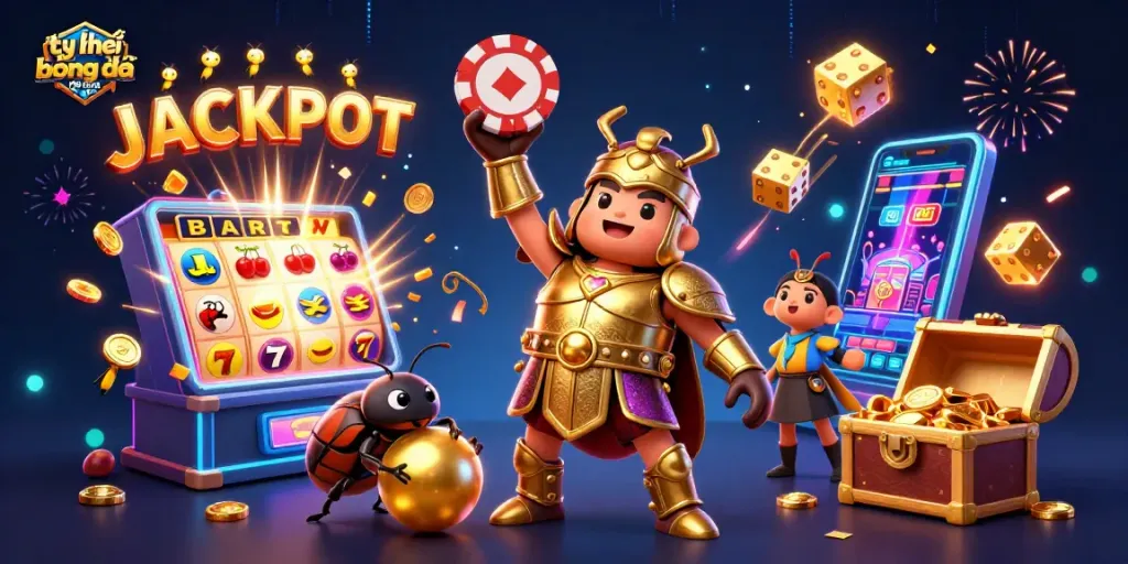 Engaging illustration of tỷ lệ bóng đá kèo nhà cái with a triumphant beetle character and dynamic casino elements.