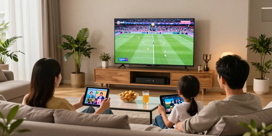 Erleben Sie IPTV kaufen im modernen Wohnzimmer mit Familie, die live Fernsehen schaut und auf Tablets Inhalte genießt.