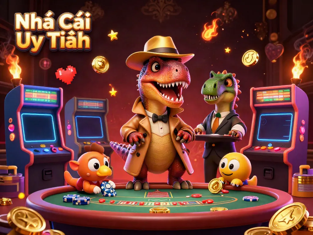 Cunning velociraptor card counter at a blackjack table showcasing Nhà Cái Uy Tín casino elements.