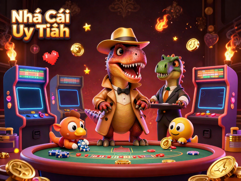 Cunning velociraptor card counter at a blackjack table showcasing Nhà Cái Uy Tín casino elements.
