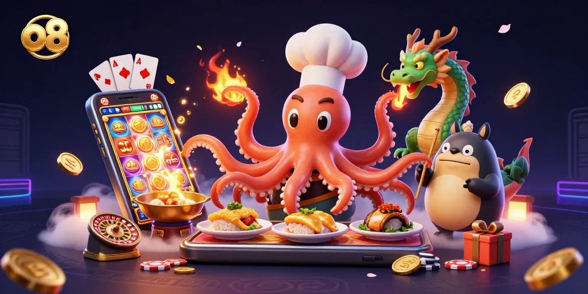 Experience exhilarating gaming with o8's captivating sushi chef octopus, fiery dragon, and dynamic casino elements.