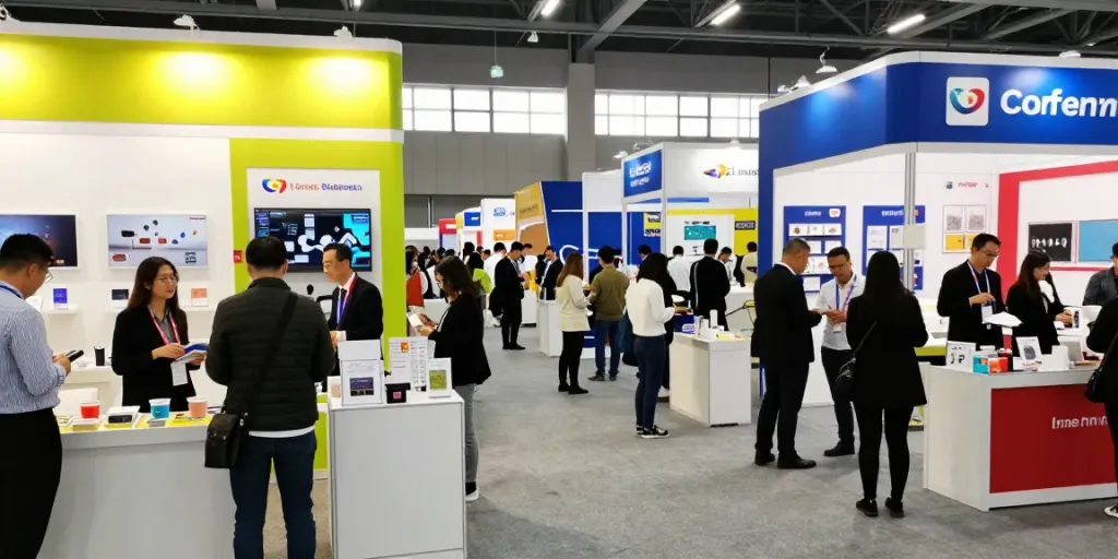 Exhibitors showcasing innovative products at a trade fair, highlighting engagement and interaction.