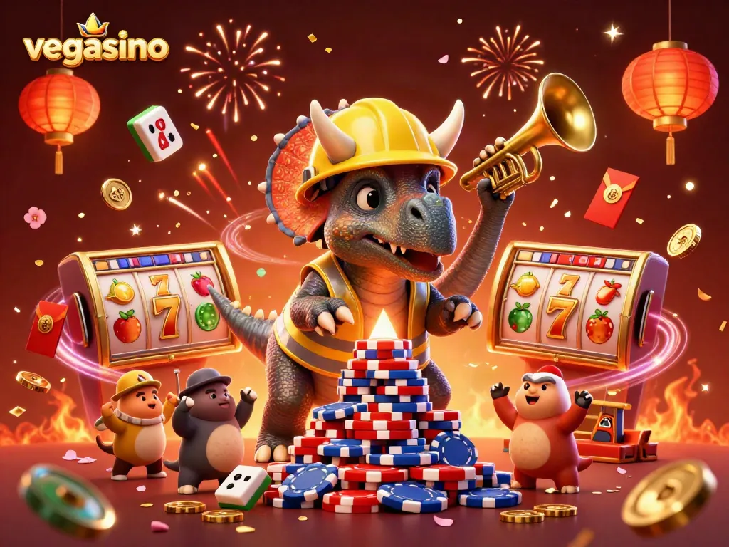 Experience the excitement of vegasino with a vibrant 3D casino scene featuring playful dinosaurs and slot elements.