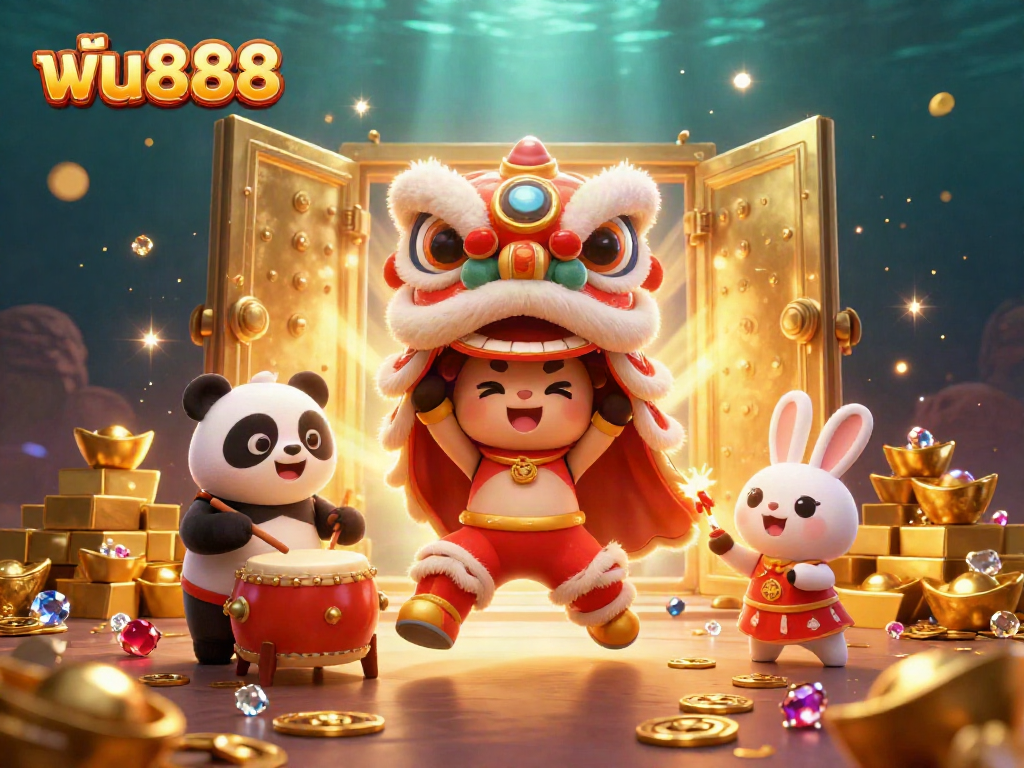 Engaging ฟัน888 lion dance with vibrant elements celebrating casino gaming.
