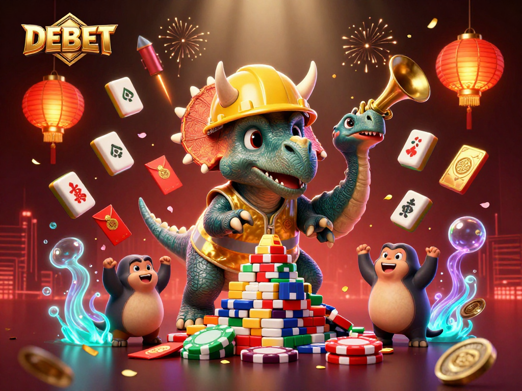 Experience winning with DEBET in this vibrant 3D illustration showcasing a triceratops and lively casino elements.