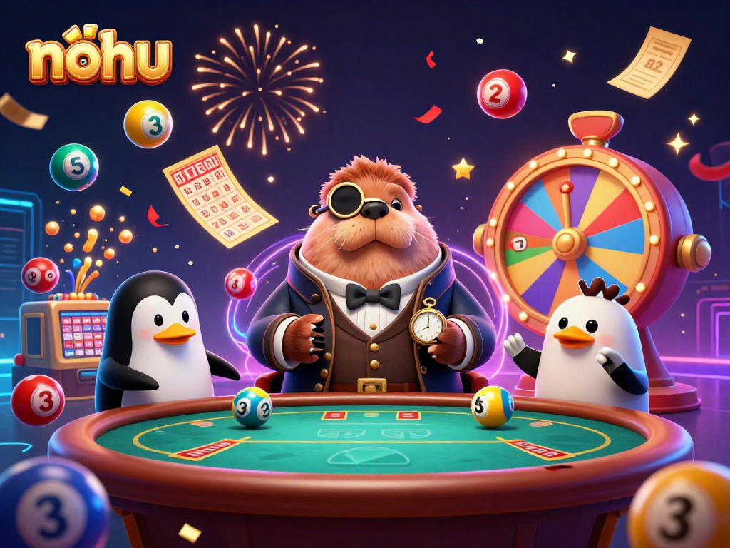Join the fun with nohu as the walrus and friends play poker amid vibrant casino elements.