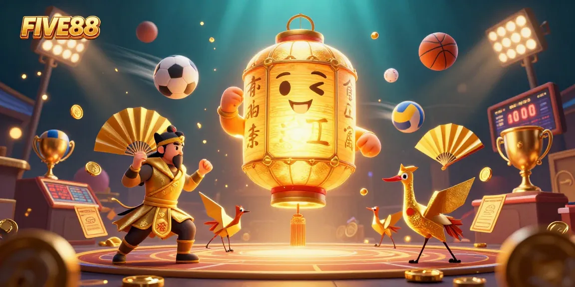 Experience vibrant gaming excitement at FIVE88, featuring a golden lantern spirit and dynamic sports betting elements.