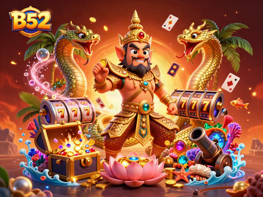 B52 themed illustration showcasing friendly guardian in a gambling scene filled with treasure and vibrant elements.