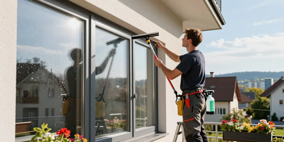 Expert fensterreinigung solothurn demonstrated by a window cleaner using eco-friendly solutions on a bright urban home.
