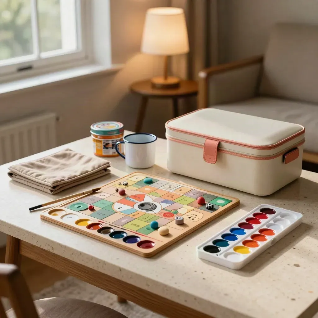 Familienpaket mit Malsets, Brettspiel, Outdoor-Kit und Box auf Travertin-Tisch.