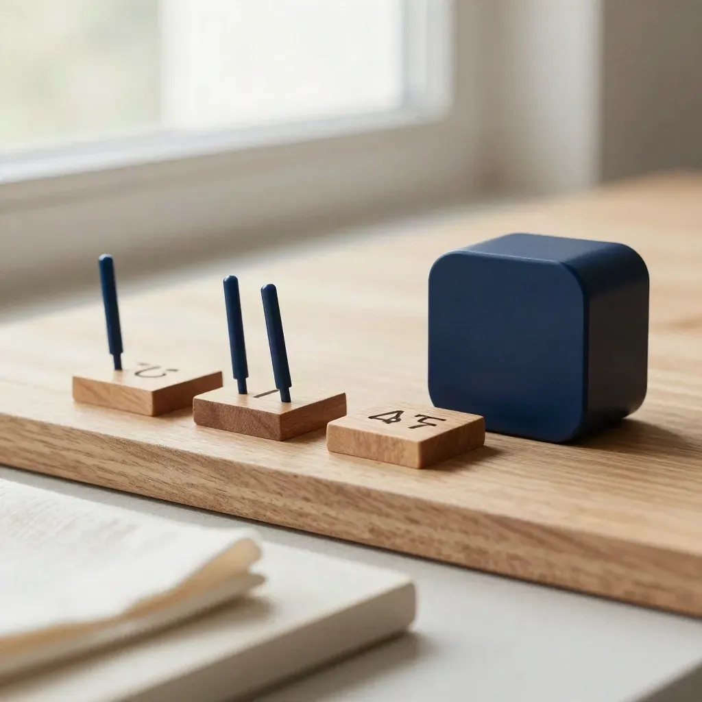 Holzplättchen rücken neben einem navyfarbenen Timer dichter zusammen, Mini-Ziele werden sichtbar.