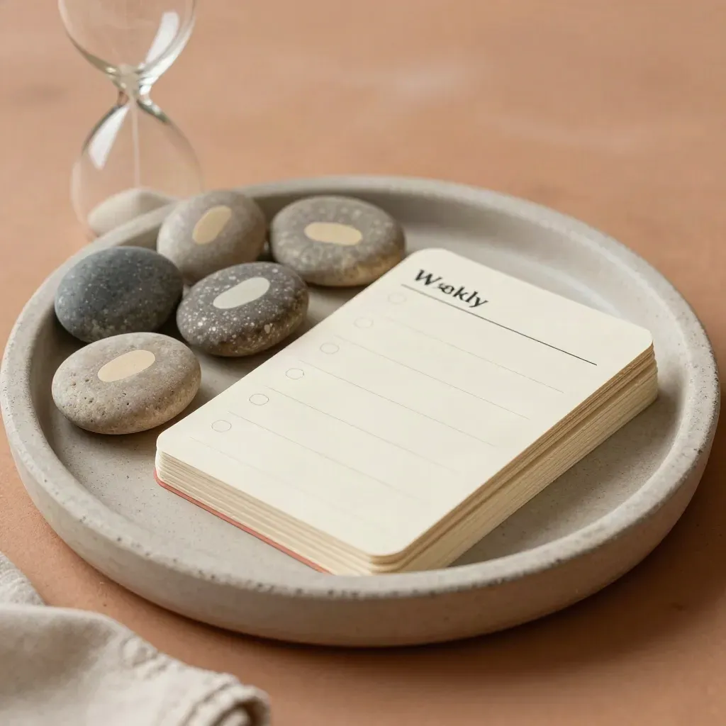 Folgetermin-Setup mit Kieseln, leerer Sanduhr und Wochenkarten auf Terrakotta.