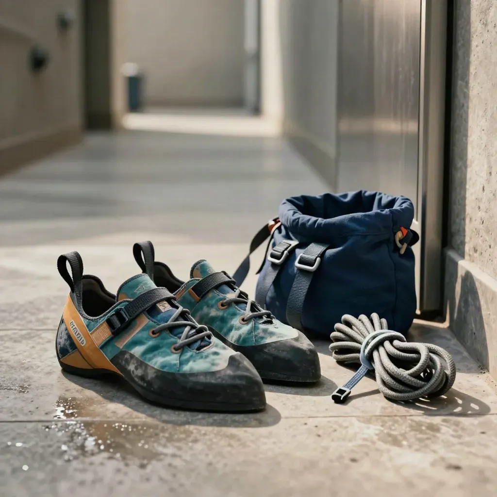Ausgerüstetes Kletter-Set im Flur: Schuhe, Chalkbag und Gurt startklar auf Steinboden.