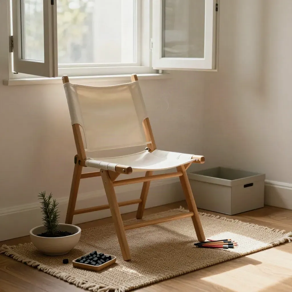 Neugestaltete Hobby-Ecke mit Stuhl, Pflanzschale, Zeichenmaterial und Box am offenen Fenster.