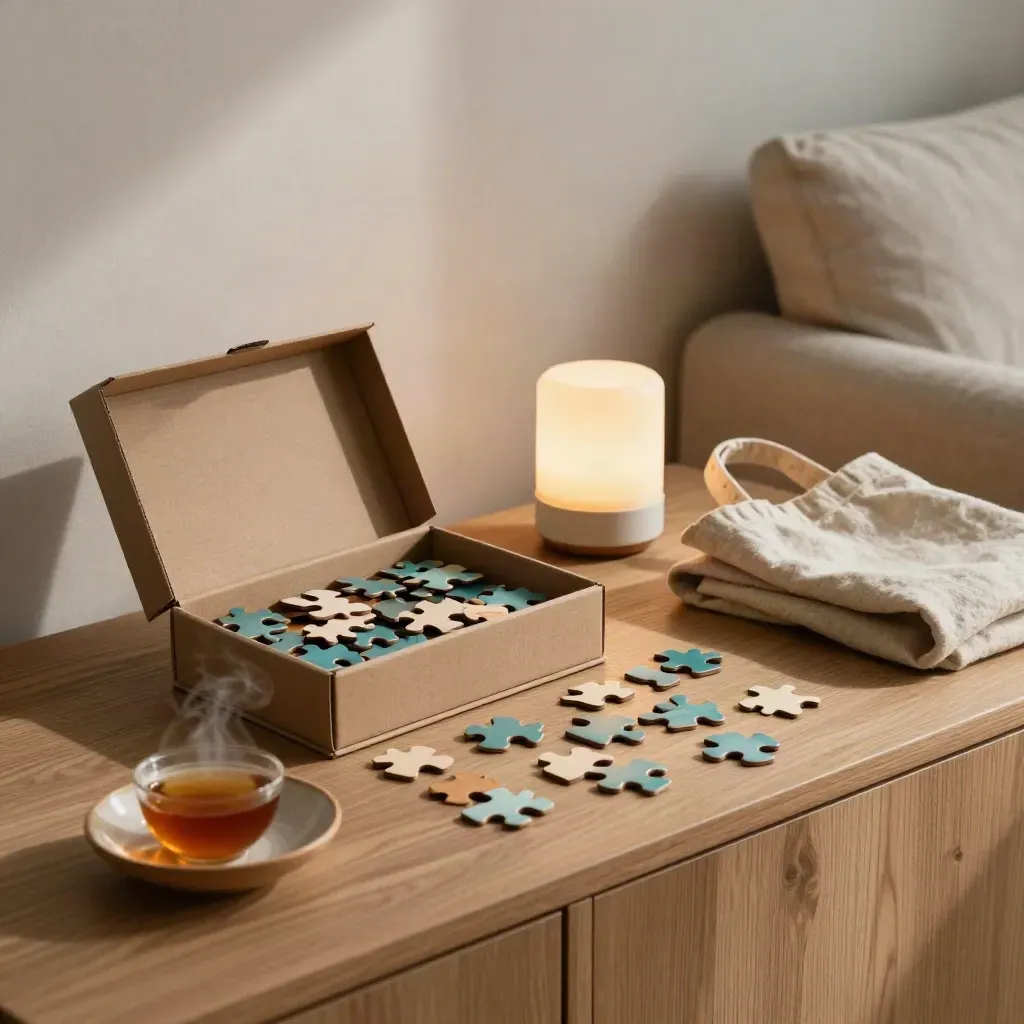 Teeschale, Puzzlebox, Keramiklampe und Wolltasche auf warmem Holz, bereit für einen ruhigen Abend.