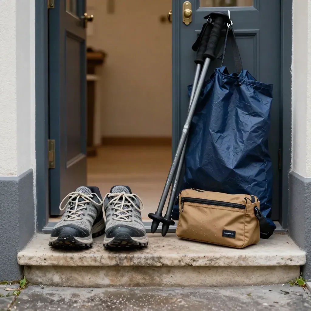 Laufschuhe, Gehstöcke, Jacke und kleine Tasche am Hauseingang für einen aktiven Morgen.