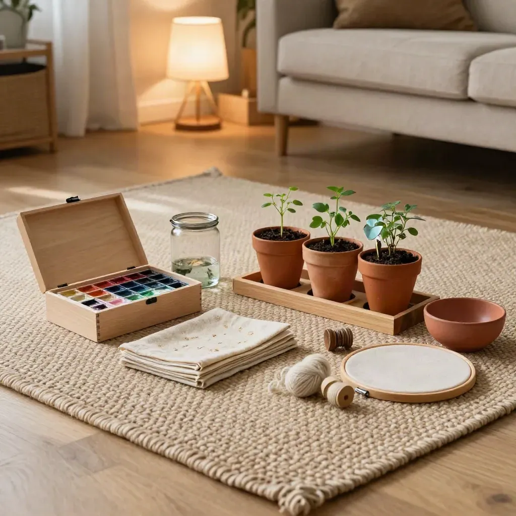 Drei Hobby-Kits für die Familie auf einem warmen Teppich im gemütlichen Wohnzimmerlicht.
