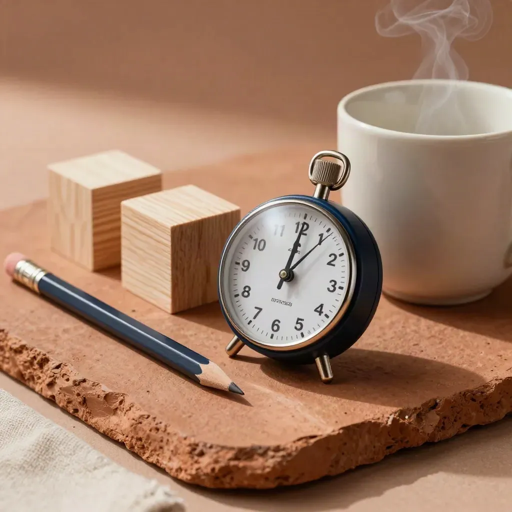 Mechanischer Timer, Holzblöcke, Bleistift und Keramikbecher auf terrakottafarbener Fläche