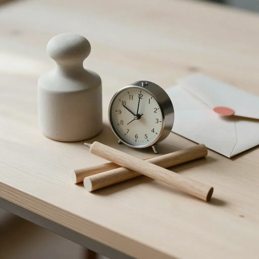 Keramikgewicht, Timer, Holzmarker und Umschlag auf hellem Holz mit weichem Licht
