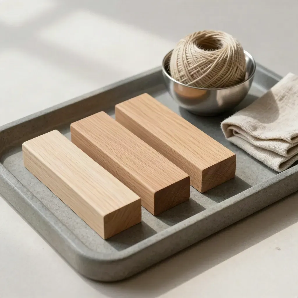 Holzsteine, Wollfaden und Metallschale auf Steintray in ruhiger Sortierordnung.