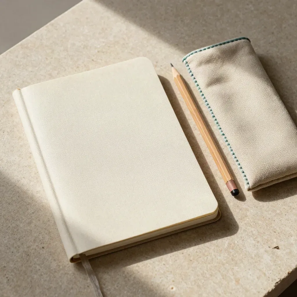 Notizbuch, Stofftasche, Bleistift und Holzmarker auf hellem Stein, bereit zum Start.
