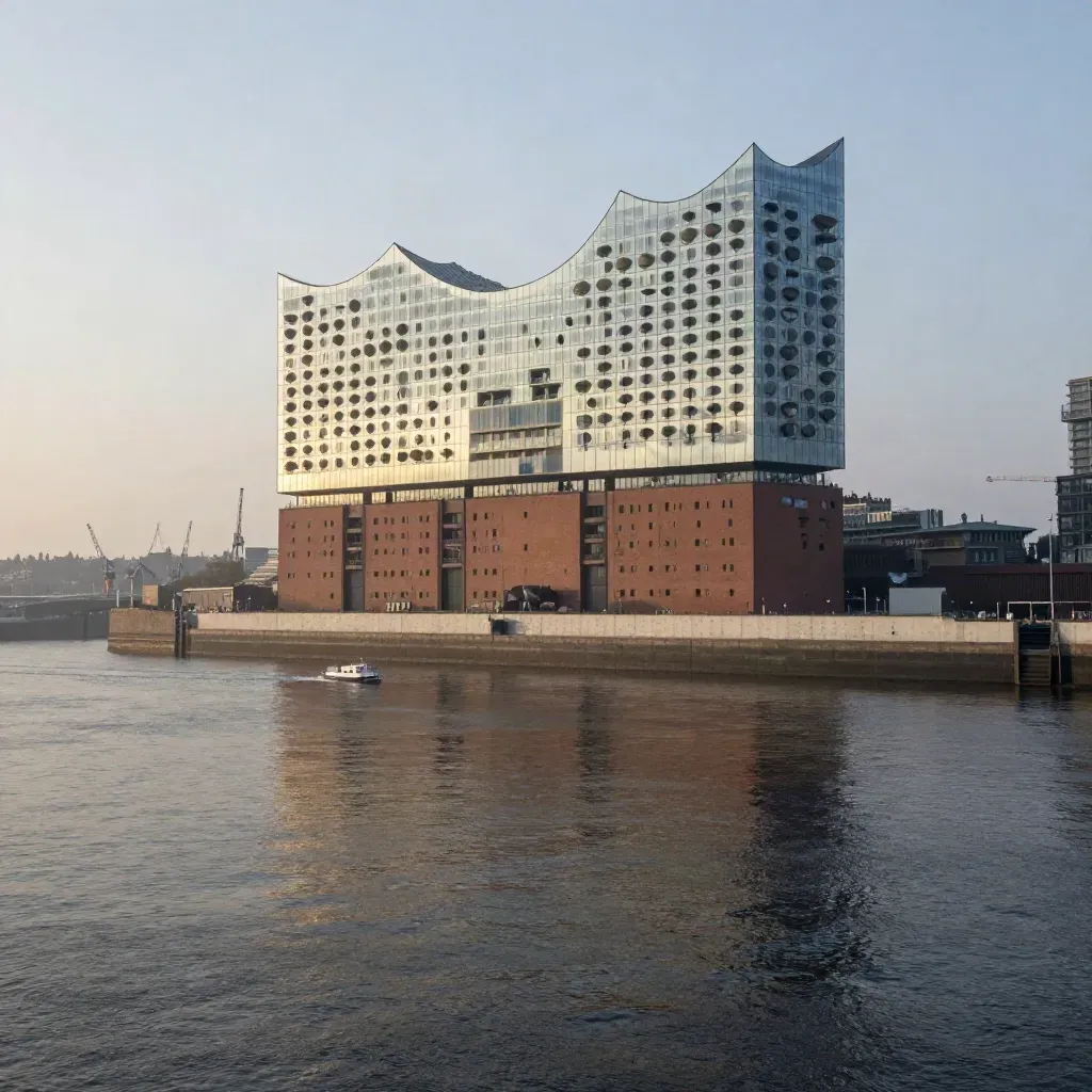 Hamburgs Elbphilharmonie über ruhigem Hafenwasser im goldenen Abenddunst