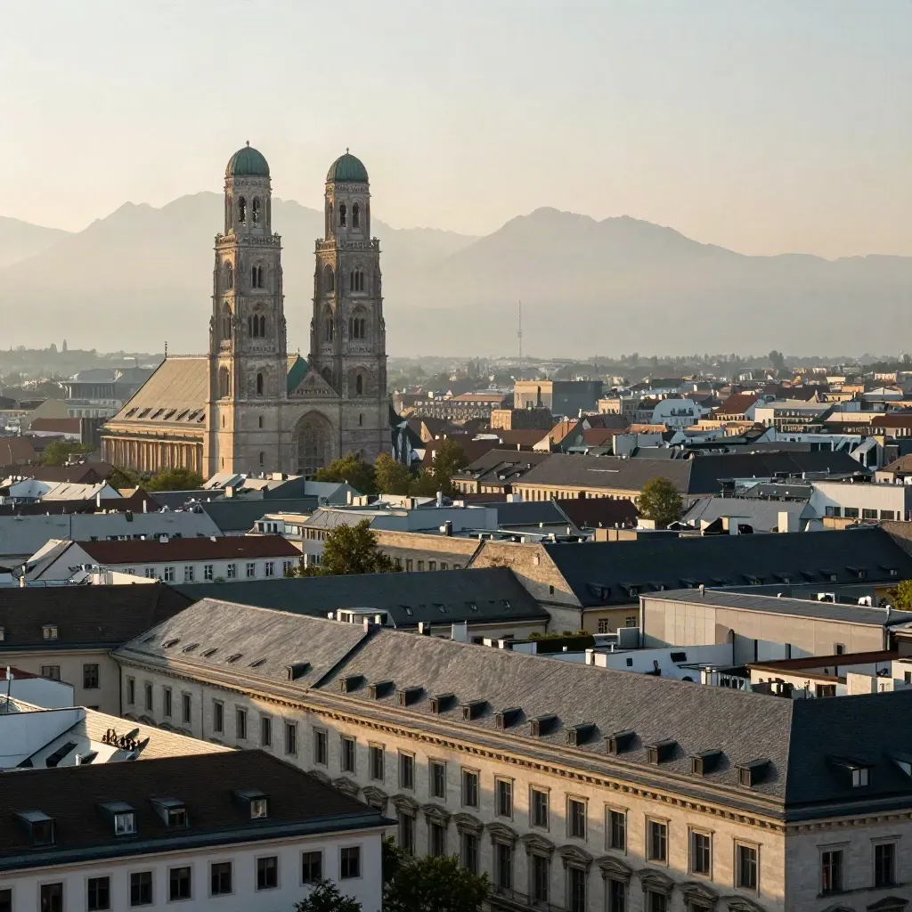 Frauenkirche über Münchens Dächern im Abenddunst mit ruhiger Fläche für Text