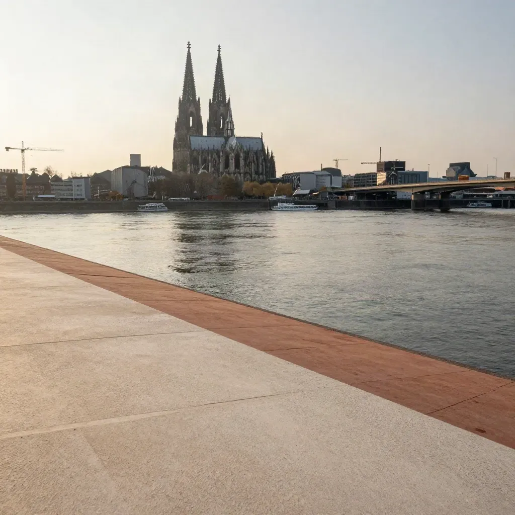 Kölner Domspitzen über ruhigem Rhein-Ruhr-Dunst und einer hellen Steinfläche
