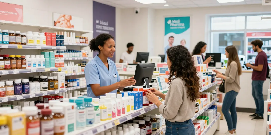 Einkäufer, die im Medi Pharma Shop interagieren und vielfältige Gesundheitsprodukte in einem einladenden Einzelhandelsumfeld präsentieren.