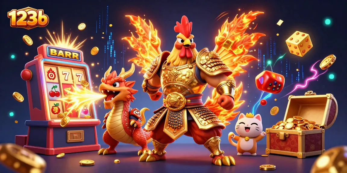 Experience thrilling moments at 123b with cartoon gaming characters amidst slot machines and sparkling treasures.