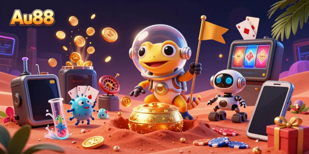 Experience exciting moments with Au88 as a Martian gecko discovers a vibrant casino full of gaming treasures.