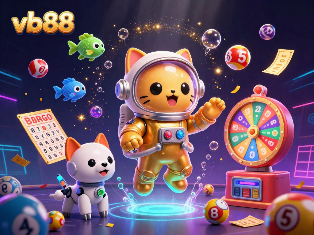 vb88 showcases a vibrant 3D casino scene with a space astronaut cat and lottery elements.