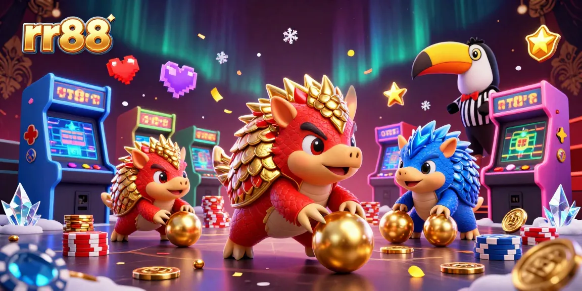 rr88 showcases a lively 3D illustration of rival pangolins competing in a casino-themed game, filled with colorful elements.