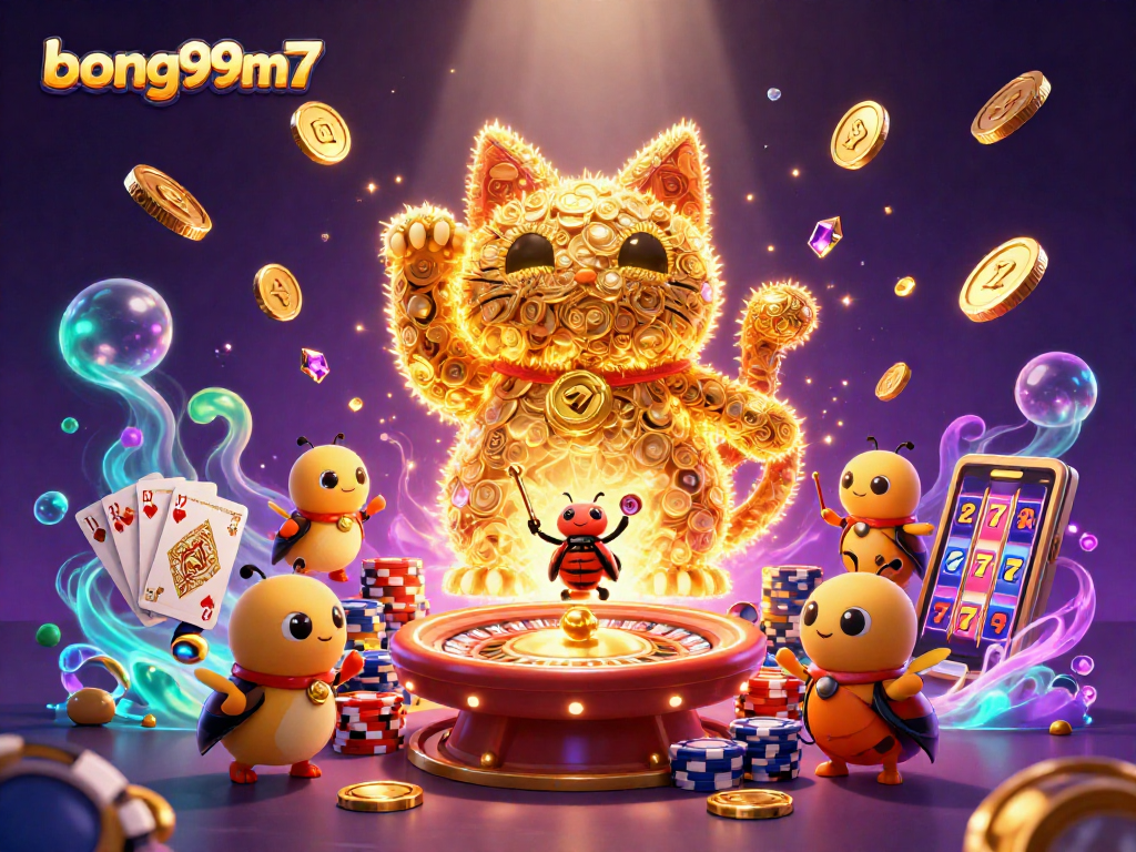Engage with Bong99m7's dynamic casino scene featuring lucky symbols and vibrant gaming elements.