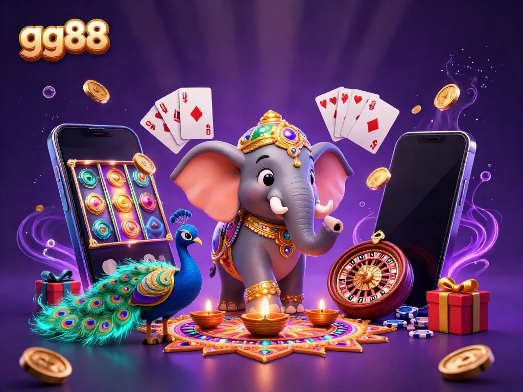Experience the winning thrill of gg88 with a colorful casino-themed illustration featuring dynamic game elements.