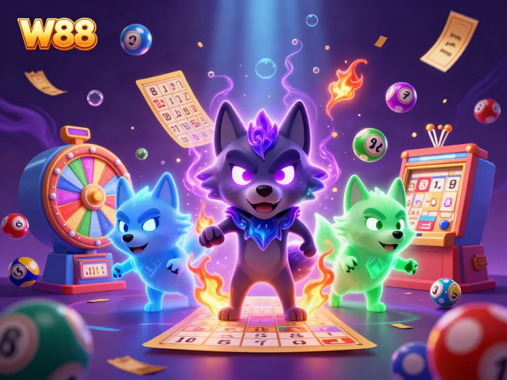 Experience the thrill of W88 with dynamic ghost wolves amidst a vibrant casino scene full of lottery elements.