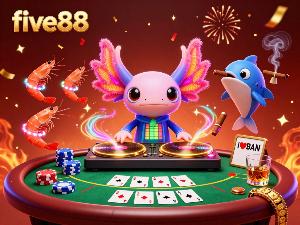 Experience the thrill at five88 with a vibrant 3D scene featuring an axolotl DJ and animated shrimp.