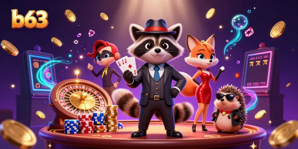 Experience big wins with b63 featuring a suave raccoon, fox companion, and hedgehog bouncer at an exciting casino.